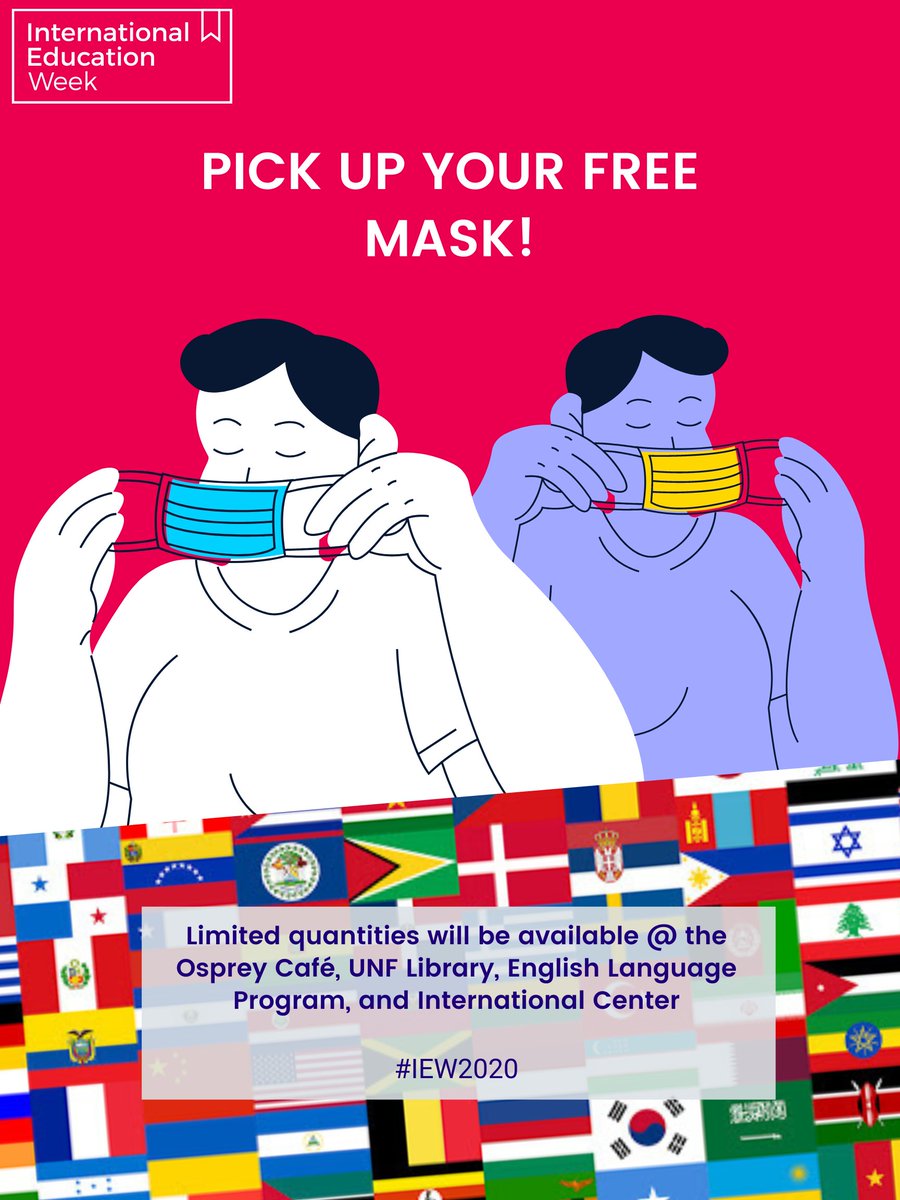 UNFIntl's tweet photo. Pick up a FREE international themed face mask! Limited quantities will be available in the Osprey Café, UNF Library, English Language Program, and International Center. Make sure to pick up your mask early in the week, starting Monday, November 16th, before supplies run out! https://t.co/nVr430bQly