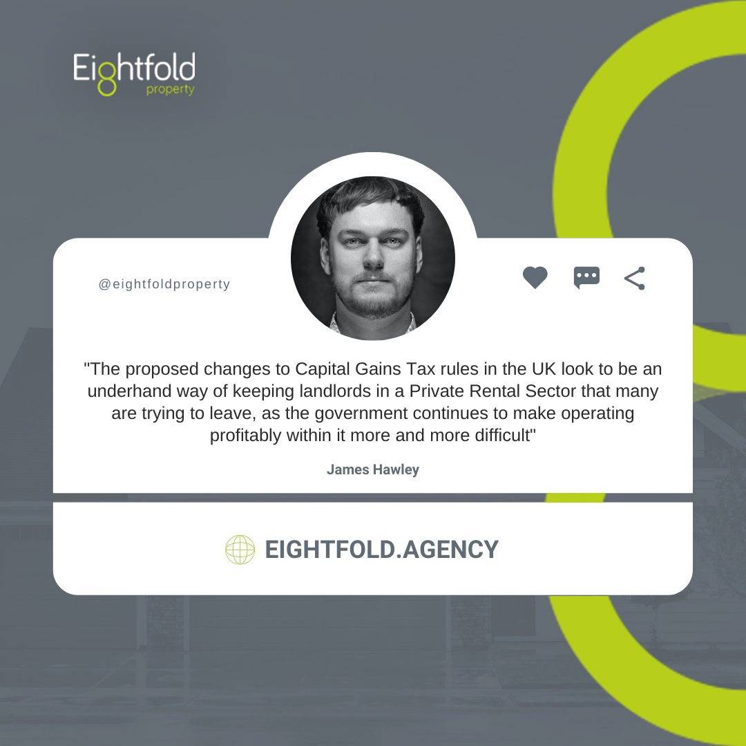 EightfoldProp's tweet photo. "The proposed changes to Capital Gains Tax rules in the UK look to be an underhand way of keeping landlords in a Private Rental Sector that many are trying to leave, as the government continues to make operating profitably within it more and more difficult."
•
James Hawley https://t.co/lwslTXyKCW