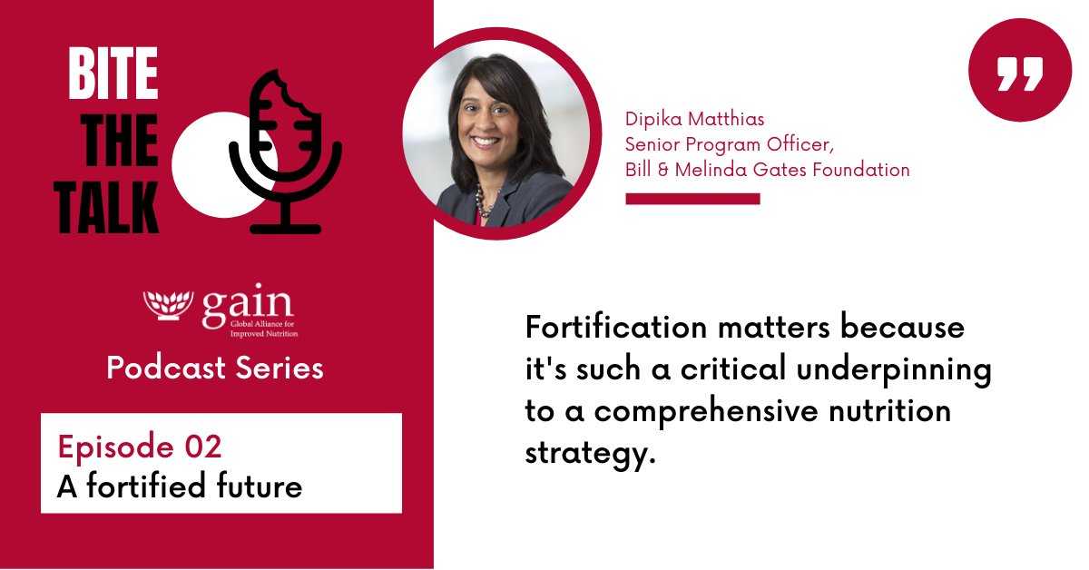 GAINalliance's tweet photo. Episode 2 of #BiteTheTalk is out! In this episode we discuss why #FoodFortification matters no matter where you live. Listen to Dipika Matthias &amp; Penjani Mkambula talk about the future of #FortifiedFoods with @SharadaKeats

🎙️Listen. Enjoy. Share.

https://t.co/wbs5e50TZX https://t.co/G7mogKFGSU