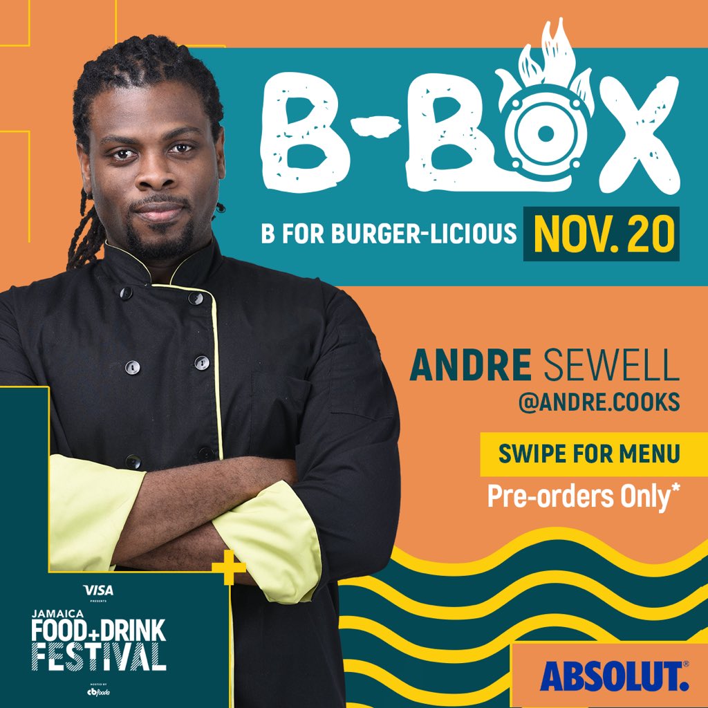 JAFoodandDrink's tweet photo. Explore all the unexpected flavours that Andre Sewell @andre.cooks has in store for B Box! Order yours now at https://t.co/VeuebGC4GH! Burgers never looked so good, especially next to those @selectbrandsja Absolut cocktails 😋 #JFDF #JFDF2020 #BBox https://t.co/uyS7UgbZ64