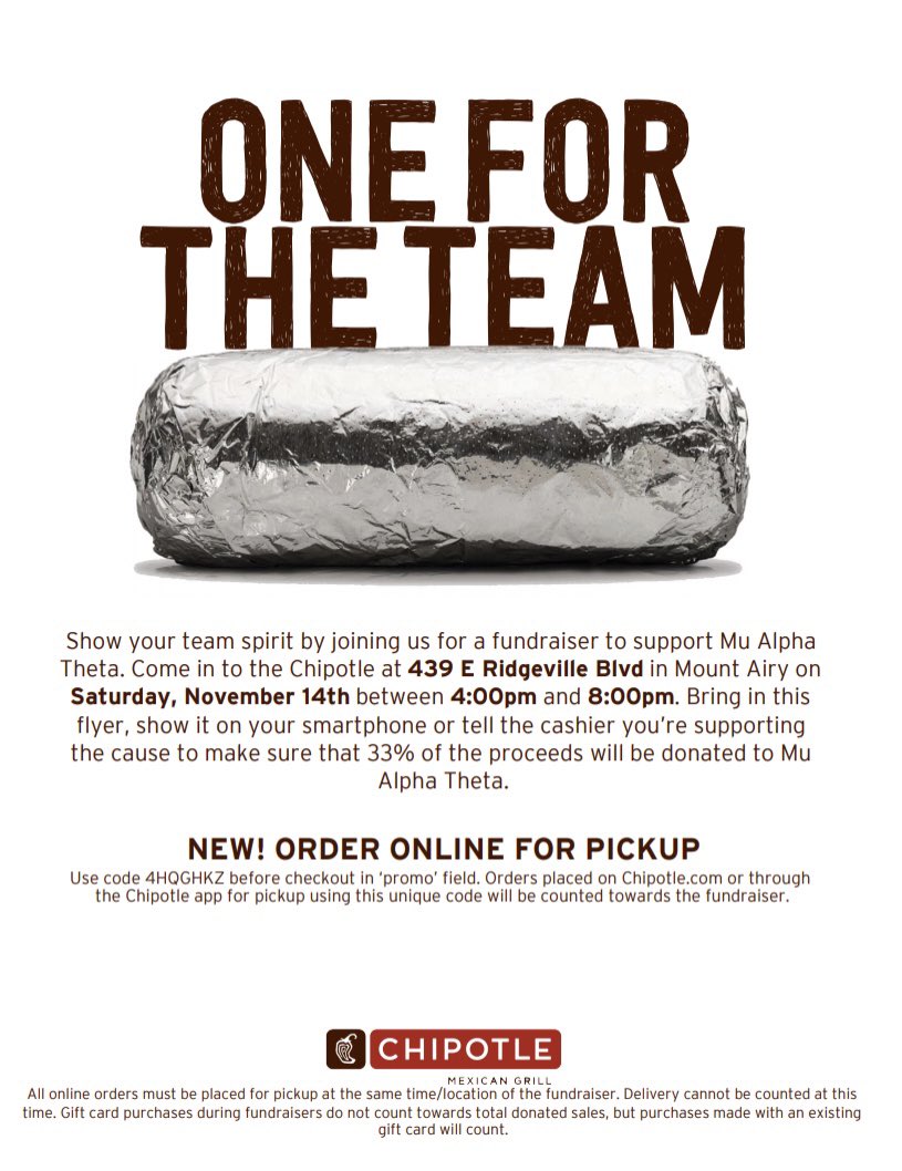 Mu Alpha Theta is having a Chipotle Fundraiser this Saturday, be sure to check it out!🌯