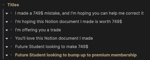 5/ The email titleIf Ali doesn't bother to open the email, it's game over.This is why email titles are so important.Here are some titles I wrote down, but eventually settled on the bolded one because it represented exactly the purpose of the email.