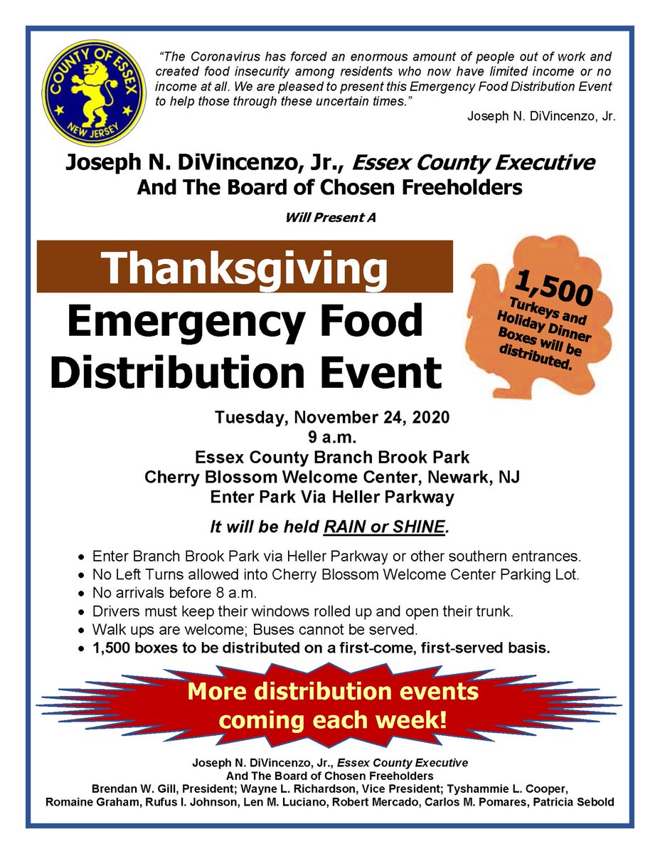 #EssexCounty Testing &amp; Special Thanksgiving Food Distribution info. Please note the two Food Distribution dates of 11/19 &amp; 11/24. <a href="/Joe_D_EssexExec/">Joseph N. DiVincenzo, Jr.</a> <a href="/myveronanj/">MyVeronaNJ</a> <a href="/WestEssexNOW/">Carolyne Volpe Curley / West Essex NOW</a> @VeronaNJLibrary <a href="/VeronaNJChamber/">VeronaNJChamber</a> <a href="/VeronaPolice/">Verona Police Dept</a>