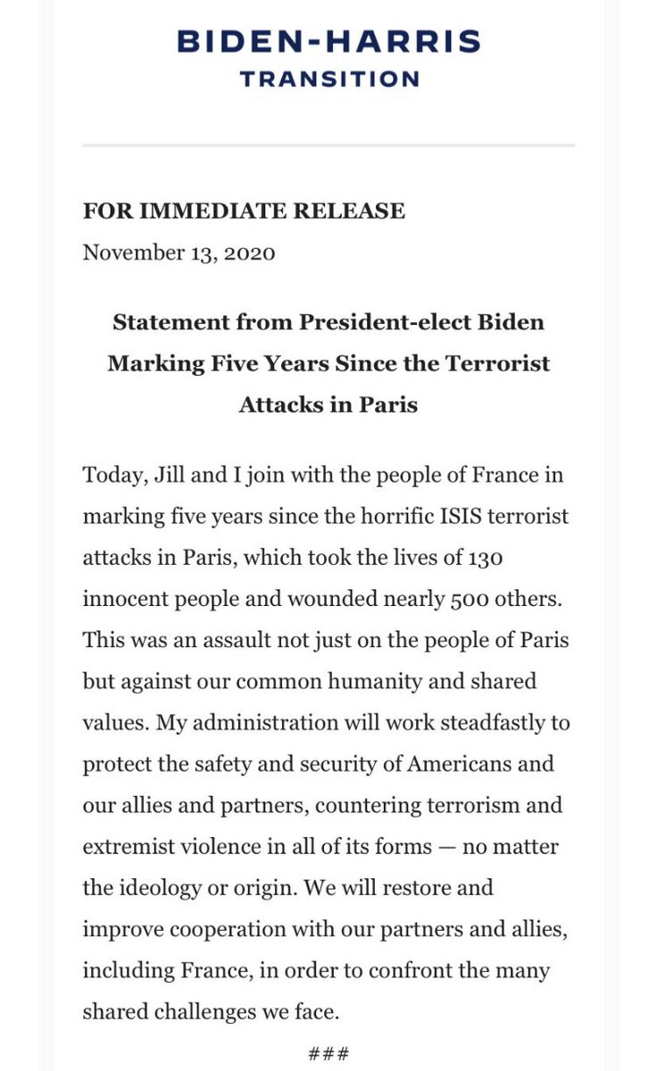 Le message de Joe Biden et Kamala Harris aux Français, cinq ans après les attentats du 13 novembre.