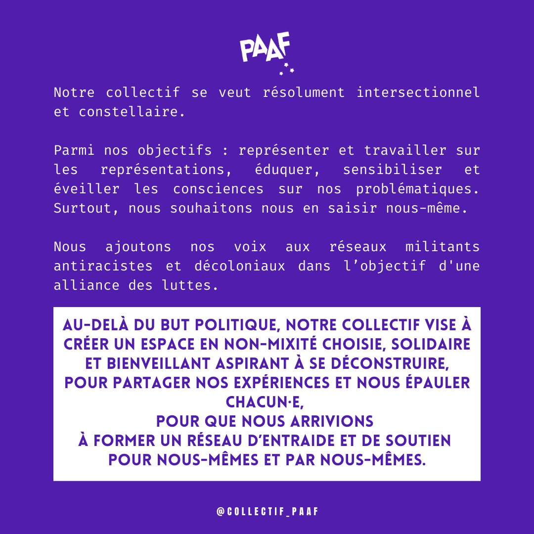 collectif_paaf's tweet photo. Le collectif PAAF est un collectif de solidarités et d'identités panasiaféministes, asiatique au sens géographique et non plus seulement asiatiquetées.
Nous souhaitons nous organiser collectivement pour porter ensemble nos voix sur des problématiques qui nous concernent. https://t.co/QMBkSjfc6A