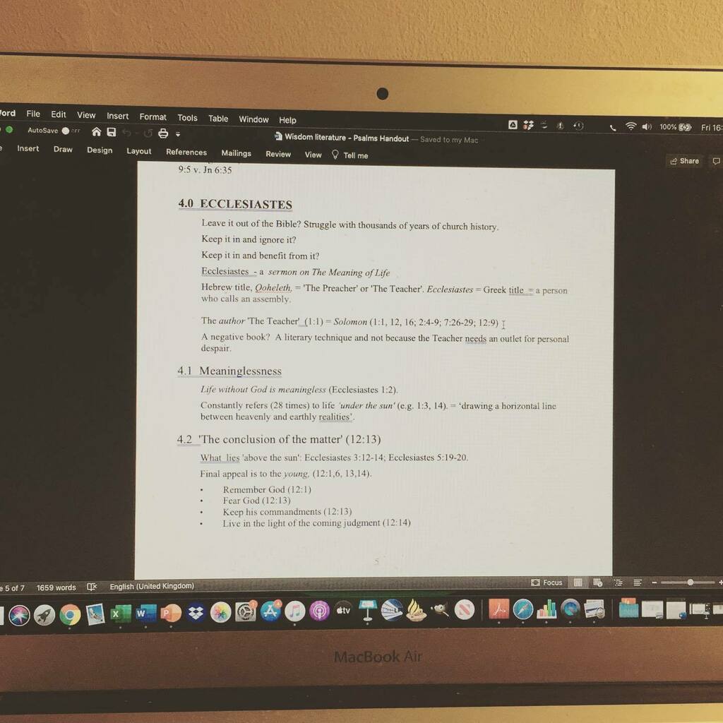 Going to look at Ecclesiastes at School of Theology tomorrow. Not that it really matters though #everythingismeaningless instagr.am/p/CHibxHyr31M/