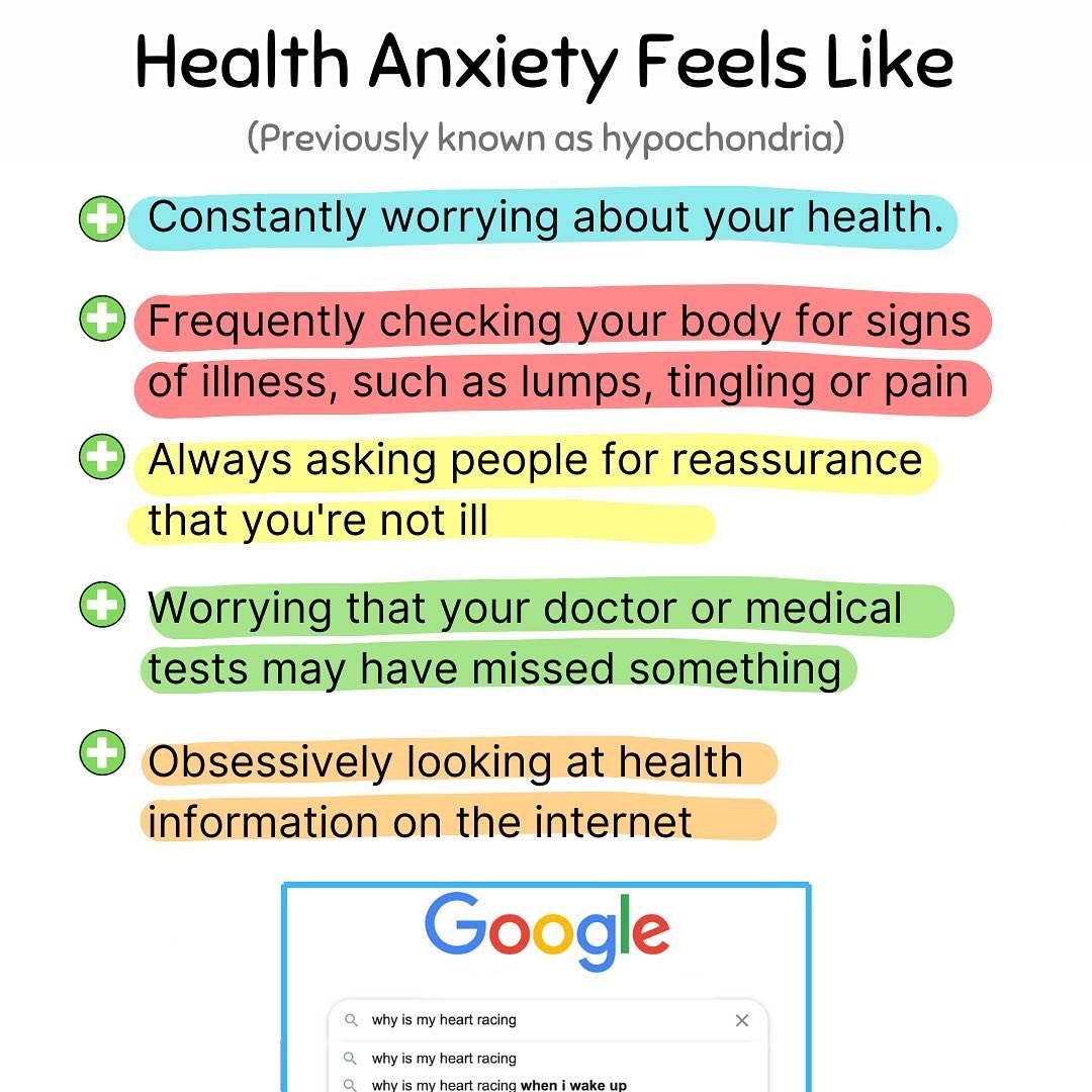 MentalHealthDMV's tweet photo. #Healthanxiety is an obsessive and irrational worry about having a serious medical condition. 

This condition is marked by a person’s imagination of physical symptoms of illness.

Here's a social media graphic depicting what health anxiety feels like: https://t.co/Kauta3Faye