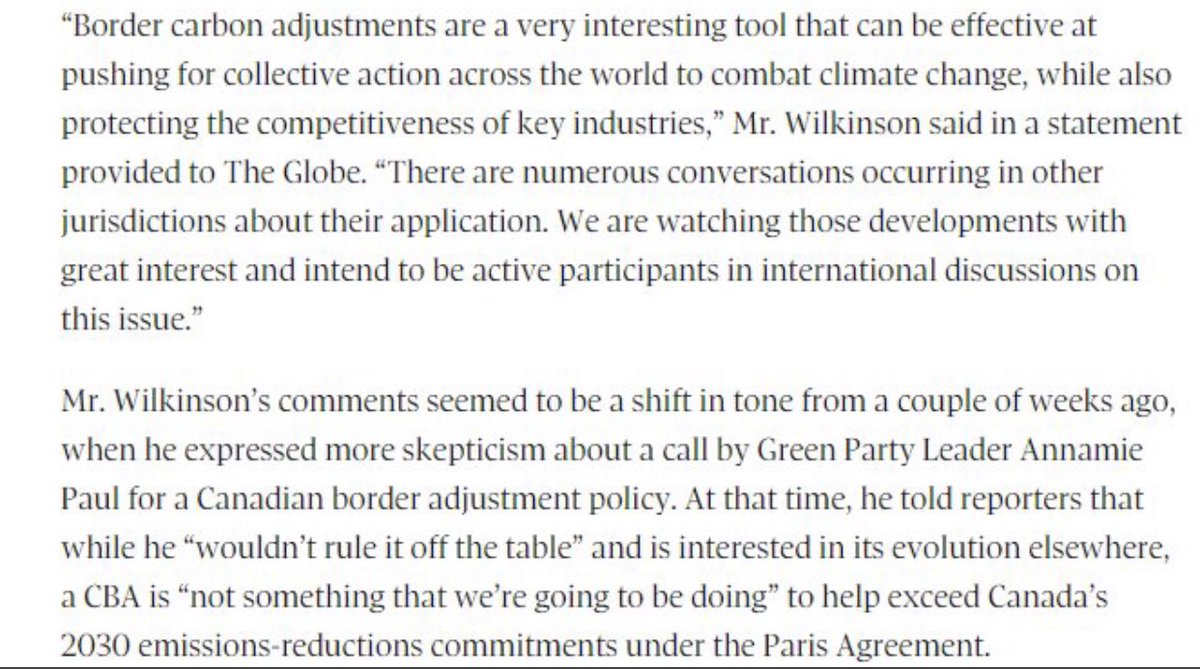 October: After initially expressing skepticism about the policy, media reports that the government is now taking “great interest” in carbon tariffs.  #cdnpoli https://www.theglobeandmail.com/business/article-environment-minister-says-trudeaus-government-is-taking-great/