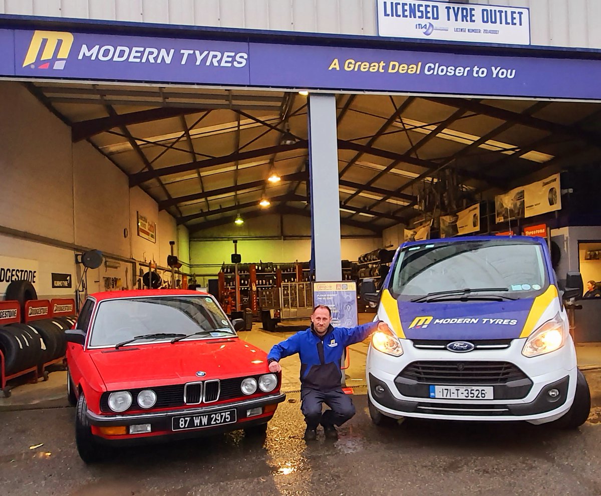 ModernTyres's tweet photo. We would like to welcome Brendan Murphy, the new depot manager @ModernTyres #Nenagh depot and founder of @Nenaghclcarclub which currently has over 140 members . Pictured here with a 1987 #528e @BMW #5series owned by his friend and local auctioneer Declan Lee. https://t.co/eY4HRO9hH9