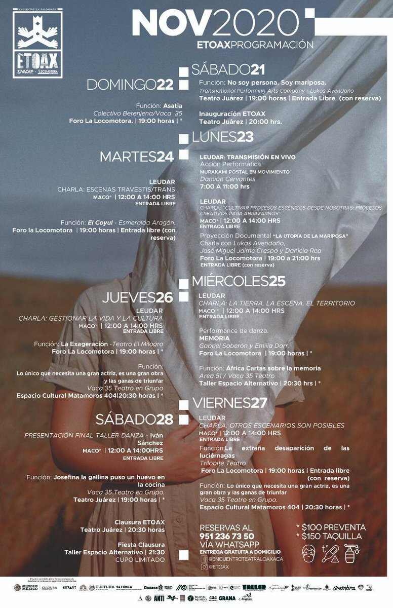 Chacon_CF's tweet photo. Llega a #Oaxaca @ETOAX2 Encuentro Teatral Oaxaca 2020. Les comparto la programación, recuerden que por la contingencia es con cupo limitado y con las medidas sanitarias pertinentes.
@Crisara_TV @locomotoraforo @vaca35teatro @mariareynaof @dbelir_metz @CCO_GobOax @CulturaColectiv https://t.co/iFkcHeLFmh