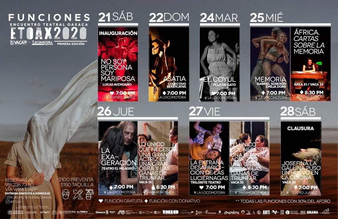 Chacon_CF's tweet photo. Llega a #Oaxaca @ETOAX2 Encuentro Teatral Oaxaca 2020. Les comparto la programación, recuerden que por la contingencia es con cupo limitado y con las medidas sanitarias pertinentes.
@Crisara_TV @locomotoraforo @vaca35teatro @mariareynaof @dbelir_metz @CCO_GobOax @CulturaColectiv https://t.co/iFkcHeLFmh