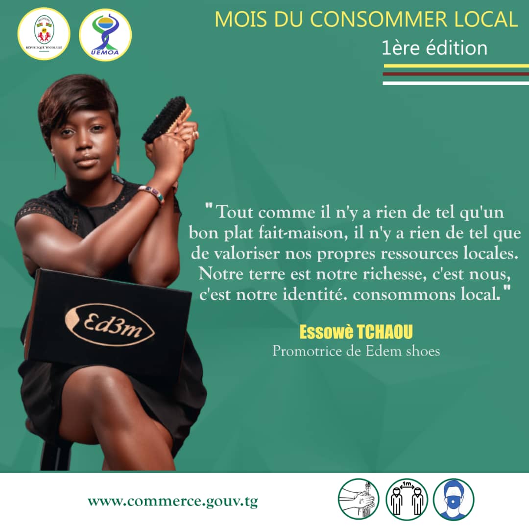 CommercegouvTg's tweet photo. #consommerlocal - Les promoteurs se prononcent : "Tout comme il n'y a rien de tel qu'un bon plat fait-maison, il n'y a rien de tel que de valoriser nos propres ressources locales. Notre terre est notre richesse, c'est notre identité." Essowè TCHAOU, promotrice de #EdemShoes. https://t.co/IUpx8ax4qw