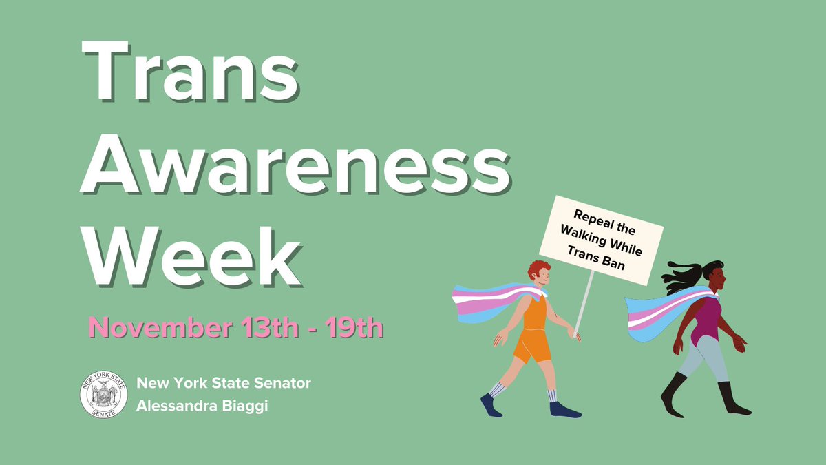 SenatorBiaggi's tweet photo. Today marks the start of #TransAwarenessWeek !
At the state level, it is our duty to go beyond raising awareness and take concrete action to ensure the protection of Trans New Yorkers.
One important step we can take is repealing the #WalkingWhileTransBan https://t.co/IgTFtBXyUZ