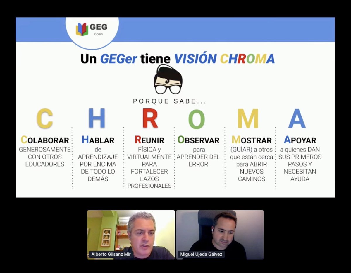 franpeinado's tweet photo. Genial ponencia de @alberto_gilsanz y @miguelujeda. Fantásticas reflexiones nos habéis dado.
 @GEGSpain #AulasConectadas https://t.co/EE4Lhr3r4e