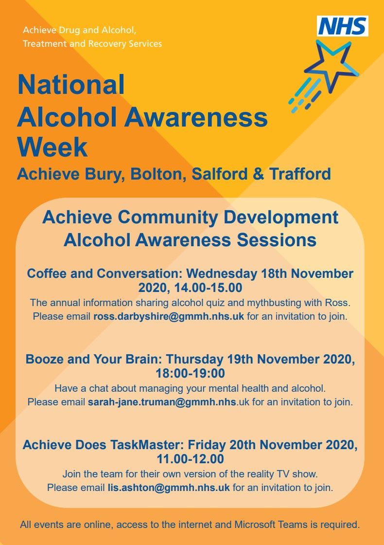 #AlcoholAwarenessWeek starts on Monday, this year's theme is Alcohol and Mental Health. Achieve will be running some virtual events to get us talking about drinking. These events are open to all, have a look below for details! 🌟
