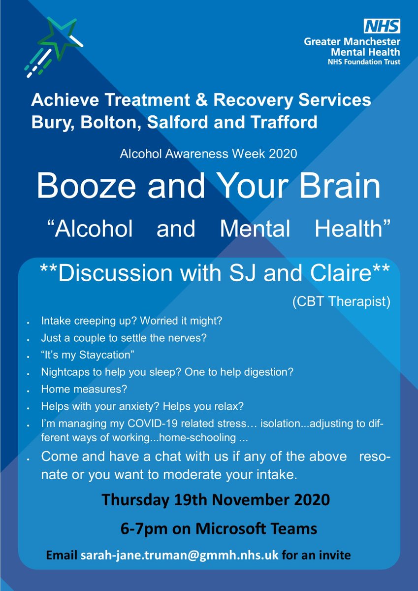 GMMH_NHS's tweet photo. #AlcoholAwarenessWeek starts on Monday, this year's theme is Alcohol and Mental Health. Achieve will be running some virtual events to get us talking about drinking. These events are open to all, have a look below for details! 🌟 https://t.co/DHaqOwowdf