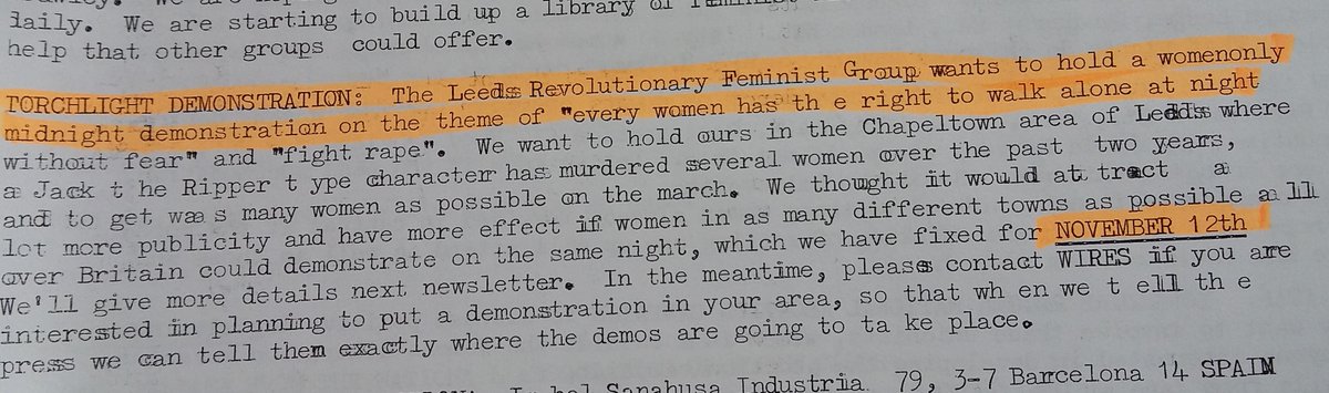 The W German marches were covered in WIRES newsletter, where editors suggested women in Britain should do the same. A short time later the Leeds Revolutionary Feminist Group called synchronised RtN marches for 12th Nov ‘77 & this famous street protest for women grew from there.
