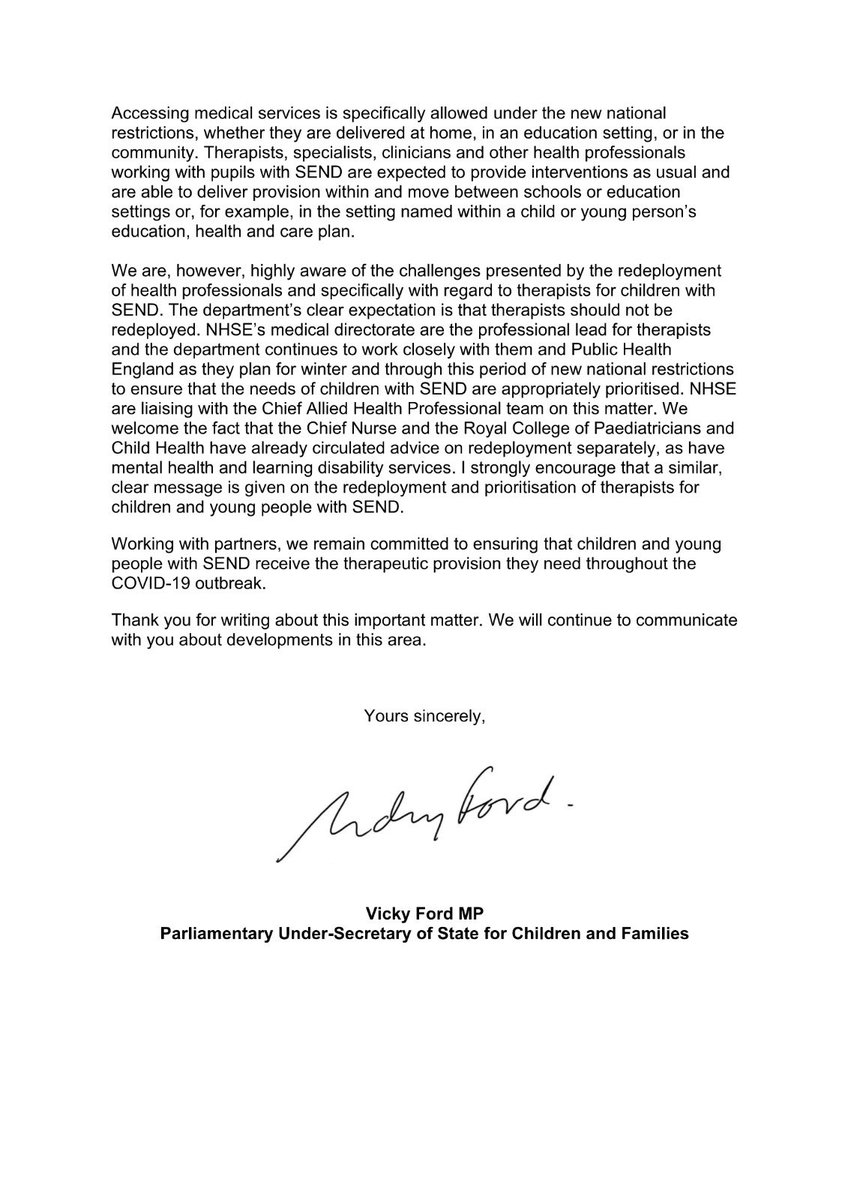 My letter to the Royal College of Occupational Therapists.

Therapists provide vital support to children with SEND, they are allowed to be back in schools &amp; should deliver medical services as usual &amp; should not be redeployed. 

<a href="/PublicAffRCOT/">RCOT Campaigns, Policy & Public Affairs</a>  <a href="/RCSLT/">RCSLT 💙</a> <a href="/thecsp/">Chartered Society of Physiotherapy (CSP)</a> <a href="/DCPcampaign/">Disabled Children's Partnership</a>