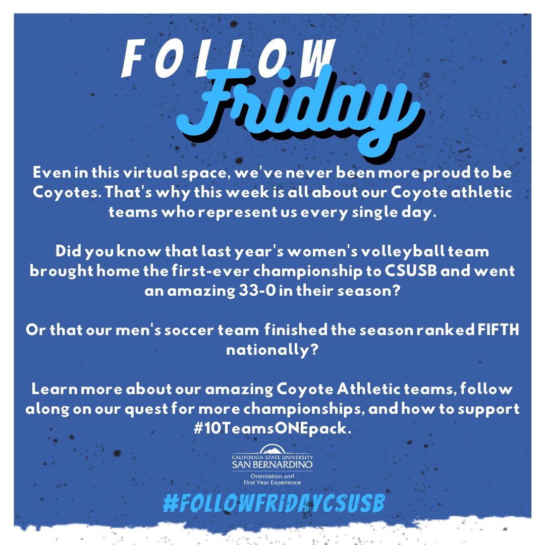 CSUSBofye's tweet photo. Are you full of that Yote Pride? If not, you should be! Today's #FollowFridayCSUSB is all about our community members that always do! Our student athletes and staff at @csusbathletics rep our black and blue every day. Follow their accounts to learn more! #CSUSB #10TeamsONEPack https://t.co/OkRHKVqKpi