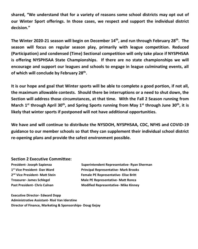 Sect2athletics's tweet photo. ANNOUNCEMENT:  Section 2 2020-2021 Winter Sports Update. 
Please see the announcement below. https://t.co/PgUL2OVDUL