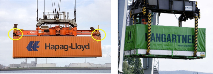 Importante particularité : le conteneur se charge/décharge par ces 4 coins normalisés ISO très solides. N’essayez pas cela avec une caisse mobile si vous ne voulez pas arracher la bâche ! Les caisses mobiles sont donc uniquement préhensibles par le châssis et non-empilables