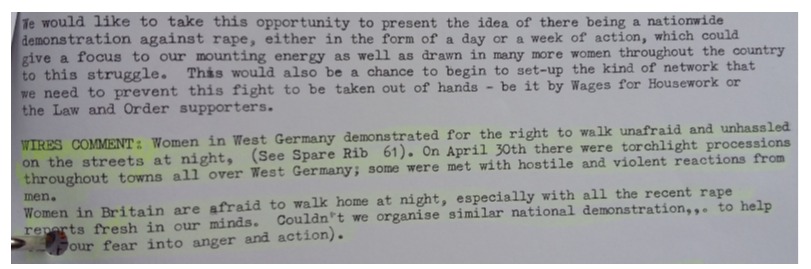 Here's an advert in WIRES newsletter, Women's Information Referral and Enquiry Service...the LRFG set up the Reclaim the Night Group in Leeds