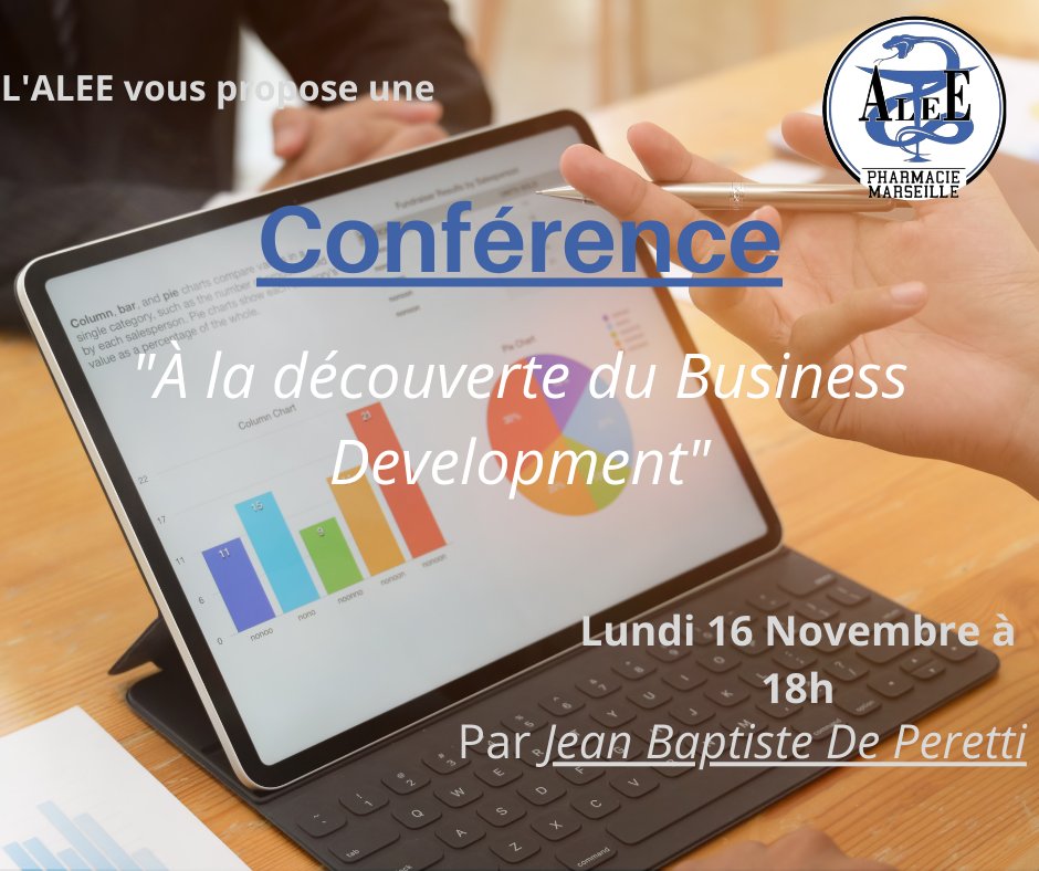 💻Les #visioconférences de l'ALEE  💻

A la découverte du #businessdevelopment  
C'est l'occasion d'échanger avec Mr Jean Baptiste De Peretti sur ce sujet !

C'et ce Lundi 16/11/20 à 18 🗓️
#pharmacie #pharmarseille