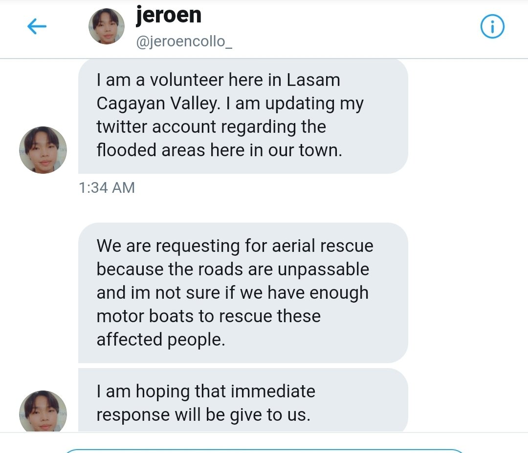 LASAM, CAGAYAN VALLEY NEEDS HELP, TOO.

They are requesting aerial rescue, because the roads are unpassable, and aren't sure if they have enough motorboats to rescue people.

PLEASE SEND HELP.

EVERY SECOND COUNTS.🙏

<a href="/lenirobredo/">Leni Robredo</a> <a href="/NDRRMC_OpCen/">NDRRMC</a> <a href="/coastguardph/">Philippine Coast Guard</a> 

#CagayanNeedsHelp