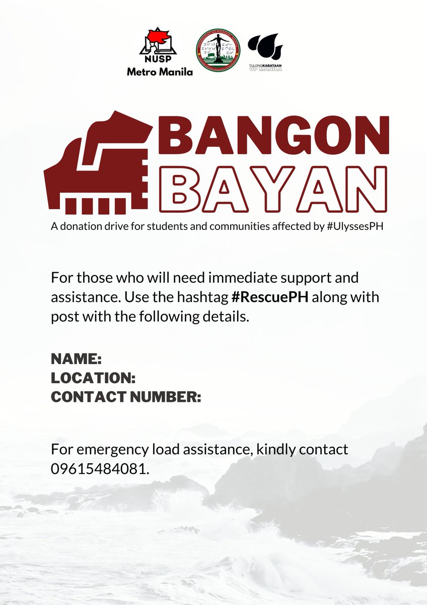 UPMUSC's tweet photo. [BANGON BAYAN]

NUSP Metro Manila and Tulong Kabataan UP Manila is calling for donations for affected communities in Cagayan Valley who have experienced flooding due to the opening of Magat Dam water gates. 

#RescuePH #TulongKabataan #CagayanNeedsHelp #IsabelaNeedsHelp https://t.co/16qsfgRU47
