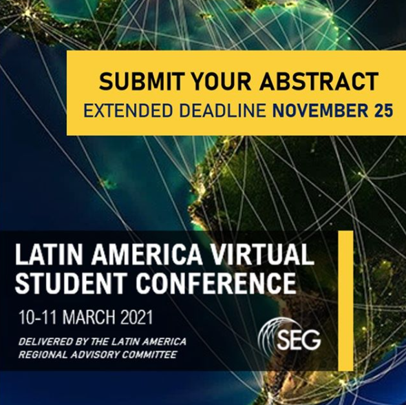Prorrogado o prazo de submissão da "1st SEG Latin America Virtual Student Conference 10-11 March 2021 | Virtual Conference" para 25 de novembro.
buff.ly/3pr321e