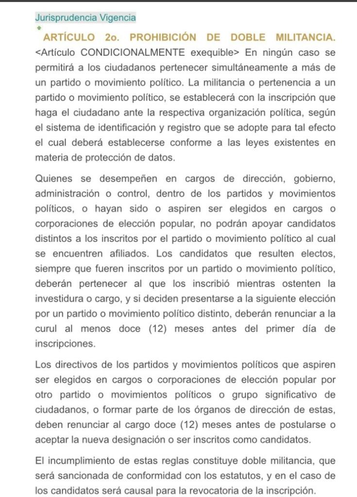 pazpoliticacol's tweet photo. Todos los congresistas que renunciaron a su partido y desean volver a aspirar en las próximas elecciones legislativas, hasta hoy tienen plazo de renunciar a su curul para no incurrir en #DobleMilitancia
LEY 1475 DE 2011. @AABenedetti
@RoyBarreras @Rodrigo_Lara_  @SenadoGovCo https://t.co/DkYChOs6ho