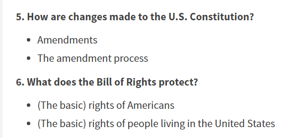 As  @priscialva reported, the new test shifts many questions towards broader principles.For example, "What do we call the first ten amendments to the Constitution?" has been replaced with "What does the Bill of Rights protect?"Old                      New