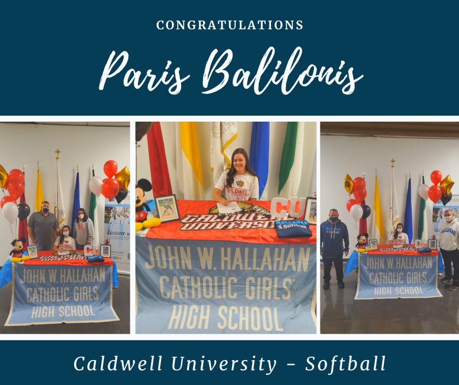 HallahanCGHS's tweet photo. Signing Day! Congrats to #Hallahan senior Paris Balilonis who signed her NLI today to play softball for @CaldwellUniv !  Hard work pays off.  #HallahanProud #NationalSigningDay 💚💙💛♥️ @AOPathletics @RallyPhilly @PhSportsDigest https://t.co/EQwiyHTA4C