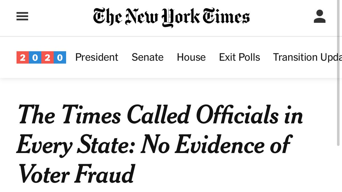 To be clear,  @nytimes reported there's no evidence to support claims of voter fraud as of Nov. 10 in the  #2020election.  https://www.nytimes.com/2020/11/10/us/politics/voting-fraud.html