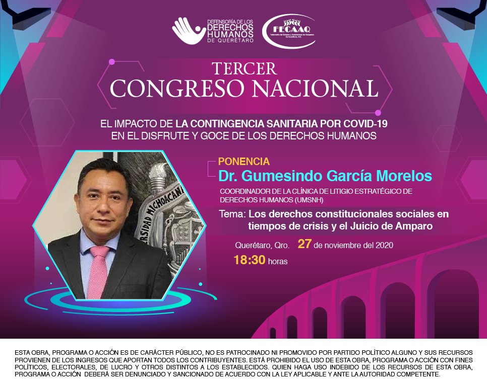 El próximo 27 de noviembre, la DDHQ y la <a href="/FECAAQ/">FECAAQ</a>  te invitan a la ponencia “Los derechos constitucionales sociales en tiempos de crisis y el Juicio de Amparo”, impartida por el Dr. Gumesindo García Morelos. <a href="/UAQmx/">UAQmx</a> <a href="/anahuacqro/">U. Anáhuac Querétaro</a> 
💻Inscripciones abiertas: tinyurl.com/y5khumes