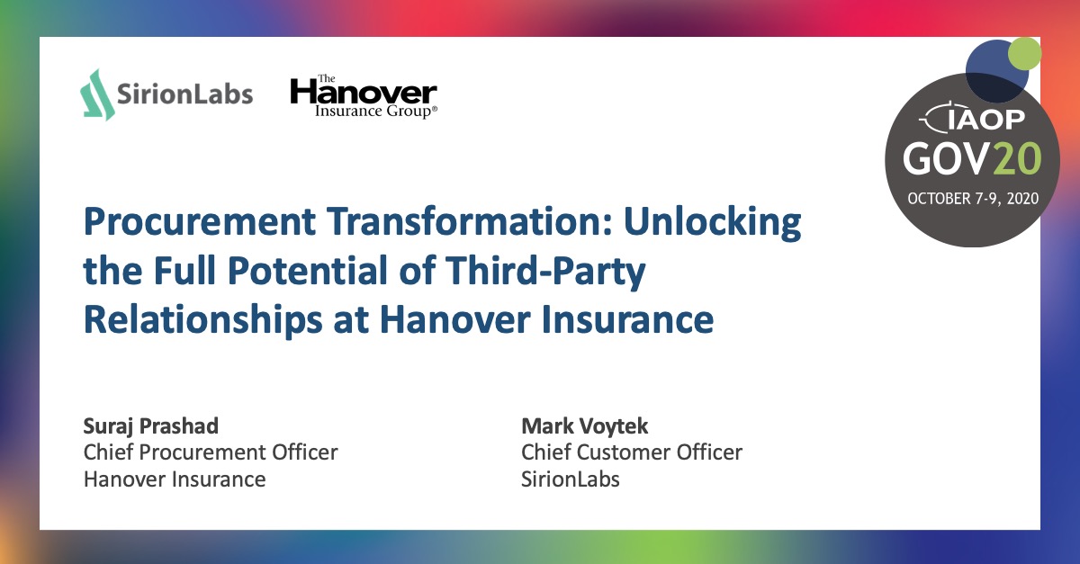 SirionCLM's tweet photo. @SurajPrashad, CPO, Hanover Insurance and Mark Voytek, Chief Customer Officer, SirionLabs explain the innovative TPR'R'M approach and discuss how Sirion CLM is helping Hanover Insurance drive improved business outcomes across its supplier portfolio. https://t.co/vauT6jKVcy @IAOP https://t.co/vcNMybMpGs