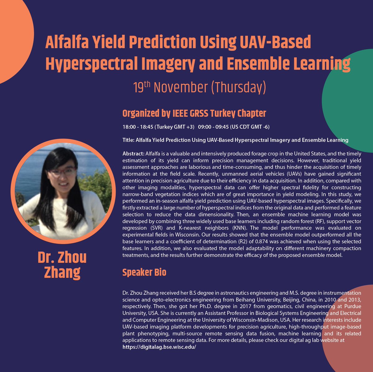 GRSSTURKEY's tweet photo. 📢 IEEE GRSS Webinar
ℹ️ Alfalfa Yield Prediction Using UAV-Based #Hyperspectral Imagery and Ensemble Learning
🗓️ Thursday, November 19, 2020
⏰ 6:00 PM GMT+3
👩‍💻 Dr. Zhou Zhang, Univ of Wisconsin-Madison, USA
📎 Register now: https://t.co/x5jbxBfXN3 https://t.co/6zINawpayx