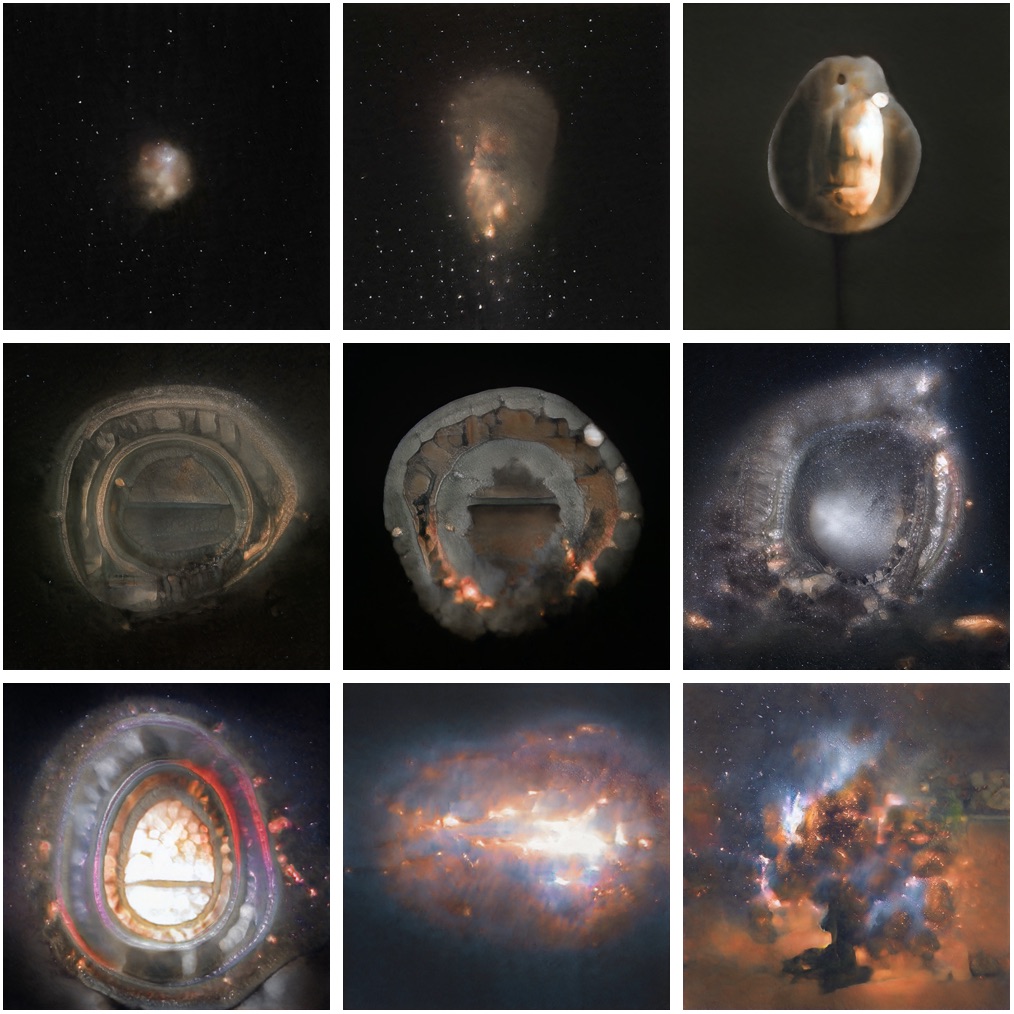 Cyrus was able to create intentional edits based on a library of thousands of generated star and cell images and their associated NumPy arrays. Thanks, as always, to  @memotv for the inspiration and his 2018  @NeurIPSConf paper, Deep Meditations. Example stills edit sequence: