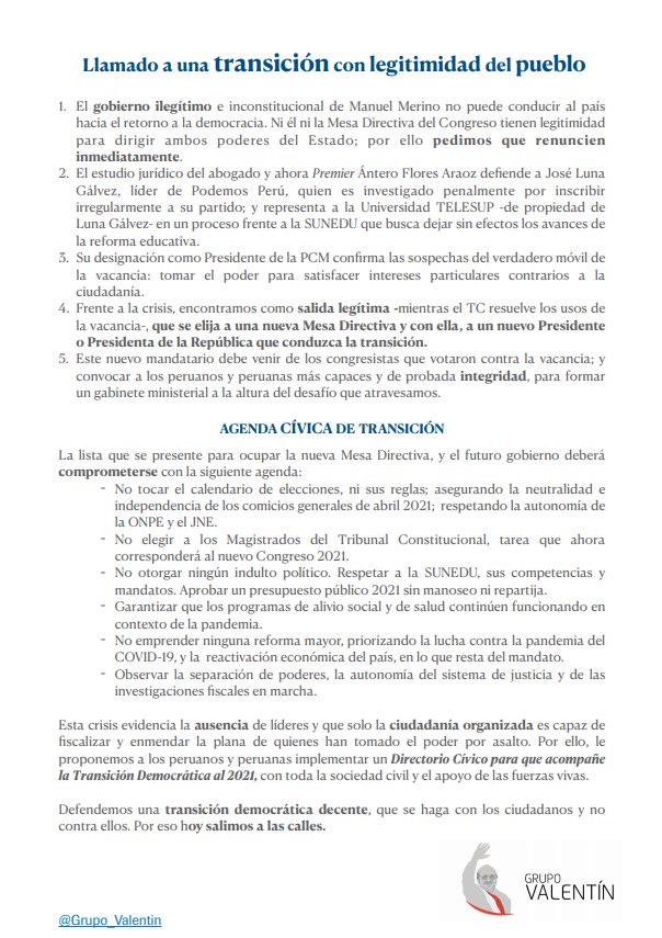 MilagrosLeivaG's tweet photo. El grupo Valentín Paniagua coincide con ex presidente Ollanta Humala, pide renuncia de Merino y nueva mesa directiva para que otro parlamentario que pertenezca al bloque de los que no votaron por la vacancia gobierne en esta transición. 👇👇👇👇 https://t.co/rSisj1e0lJ