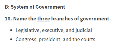 Some questions have been explicitly made harder. For example, "Name one branch or part of the government" has been replaced with "Name the three branches of government."Notably, Senator-Elect Tuberville got this wrong yesterdayOld                      New