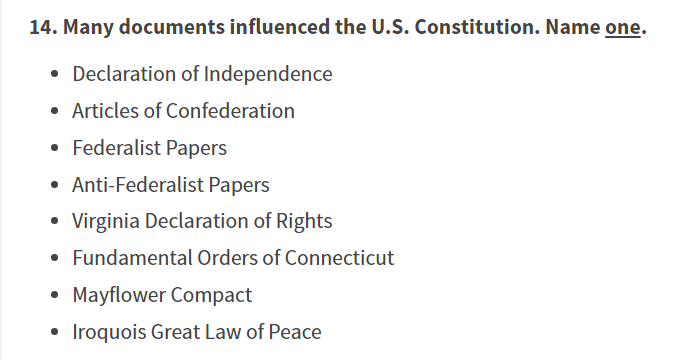 The focus on broader principles hasn't stopped USCIS from adding new questions to the test which require memorizing historical facts many U.S. citizens would struggle with, including this Q./also, the Federalist Papers were written after the Constitutional Convention so, uh...