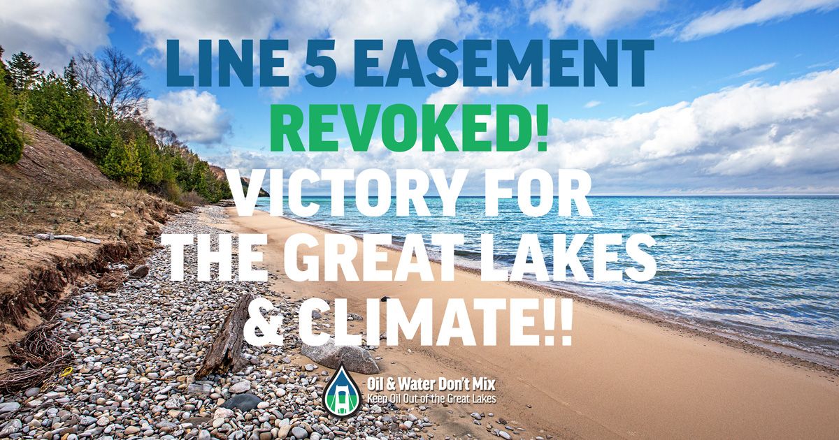 Citizens groups are widely celebrating <a href="/GovWhitmer/">Governor Gretchen Whitmer</a> historic announcement today that she is taking action permanently revoking <a href="/Enbridge/">Enbridge</a> Line 5 easement to end the threat of a catastrophic oil pipeline failure in the Great Lakes.

READ MORE: buff.ly/3kulW3A