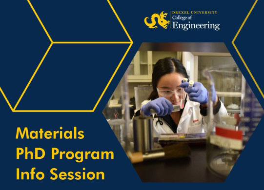 DrexelMaterials's tweet photo. Interested in pursuing a PhD in materials science and engineering? Join @DrexelMaterials Dept Head Steve May on Fri. 11/20 at 8AM EST or Tues. 11/24 at 3PM EST for a discussion of the PhD program curricula, research projects, and how to apply. Join info: https://t.co/0yZPopsE6B. https://t.co/EFAce42pFK