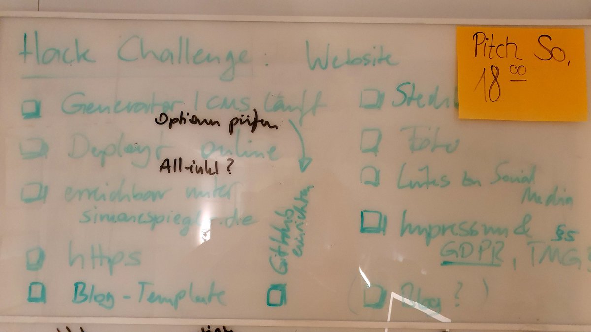 frederikheld's tweet photo. The #HackChallenge is on! @simonespiegler will sich eine Website bauen und #GitHub lernen. Ich will #hugo oder @jekyllrb verstehen. 47h auf der Uhr. Los geht's! #hackathon https://t.co/VfSh7qb7uC