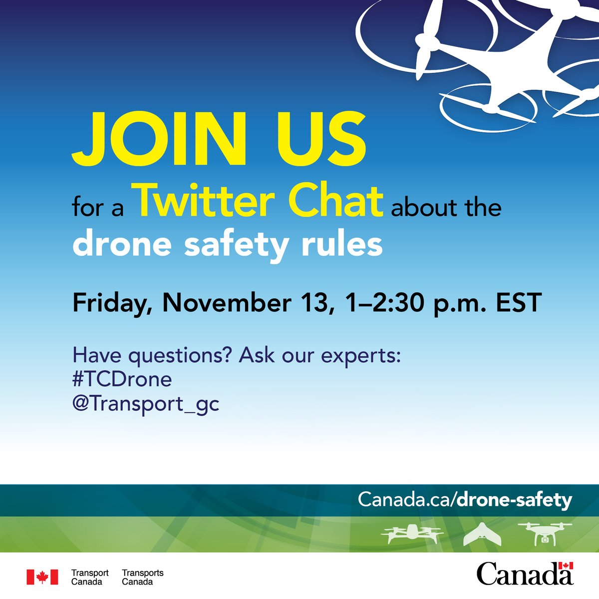 Transport_gc's tweet photo. Welcome to our #TCDrone #TwitterChat! Do you have a question about safe drone operations or the #DroneSafety rules? Tweet us your questions. Remember to include #TCDrone with your message. https://t.co/UnkqZrDE1c