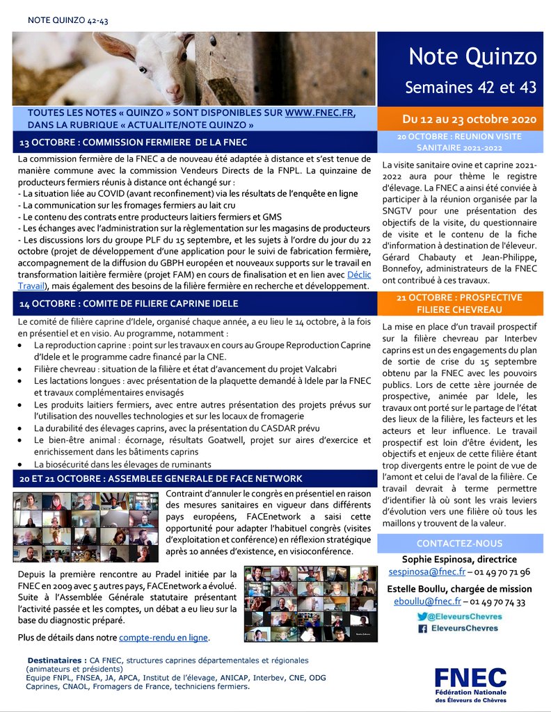 EleveursChevres's tweet photo. Retrouvez les dernières #NoteQuinzo : commission fermière #FNEC, comité de filière #caprine #Idele, AG #FACEnetwork, visite sanitaire, prospective #chevreau #Interbev, CA #CNE, CA #FCAA, concertation #ANICAP #BEA, #CapPradel, #OP caprines, #CapriTV #Caprinov, #PAC CNE et #RA2020 https://t.co/gJuDLs6K2r