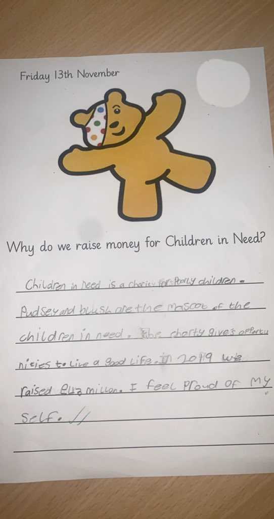 KingshurstY2's tweet photo. The children in 2C have really enjoyed wearing their home clothes and raising money for Children in Need. They have learnt all about why we donate money and how it makes us feel to help others. https://t.co/0yhfA9uzoG