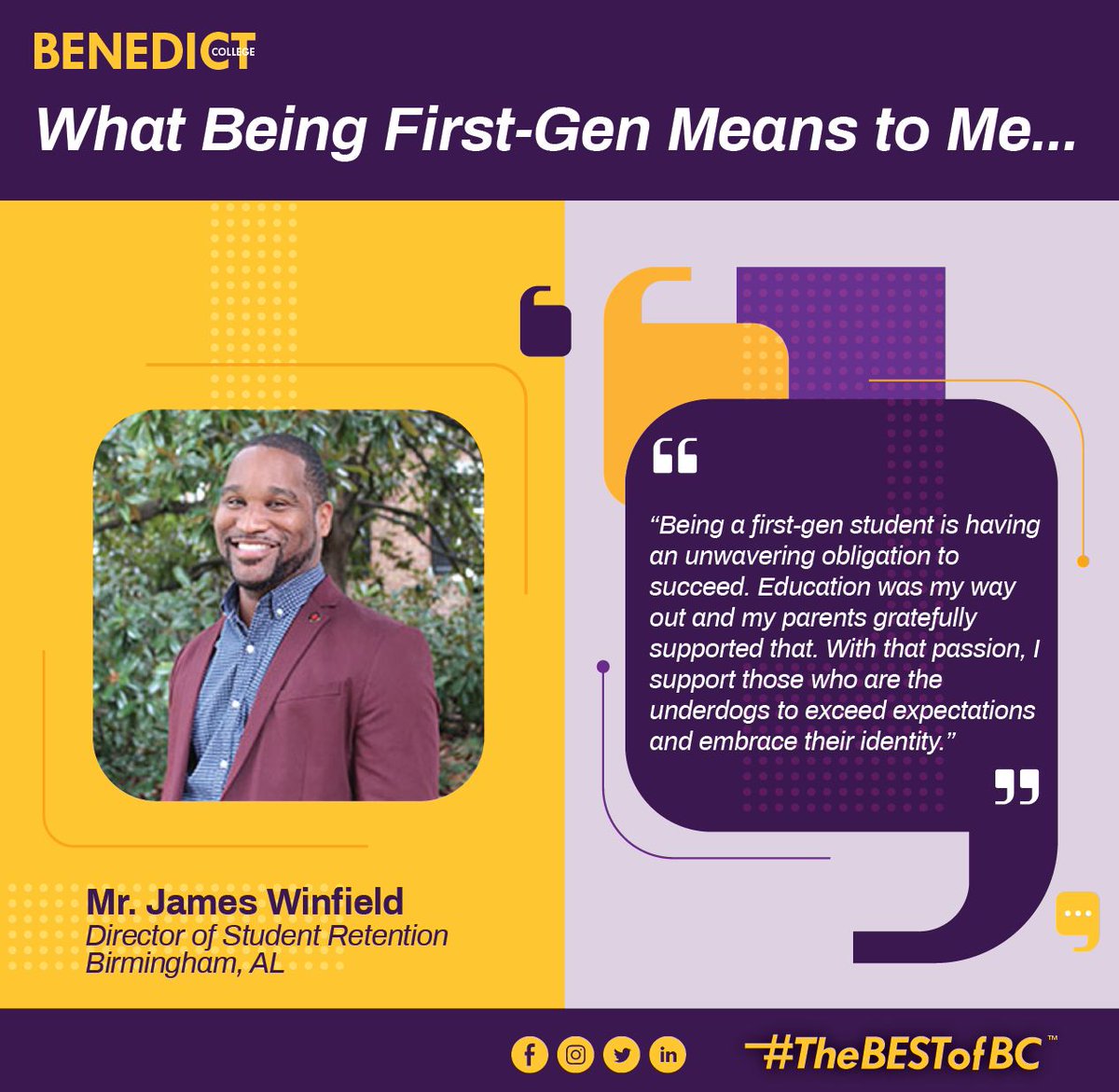 BenedictEDU's tweet image. @jwinfield4 is a first-generation student! 

Being first-generation is defined as "neither parent nor guardian earned a four-year college degree"

Approximately 40% of Benedict Students are first-generation.

#BCfirstgen #BlackFirstGen #CelebrateFirstGen