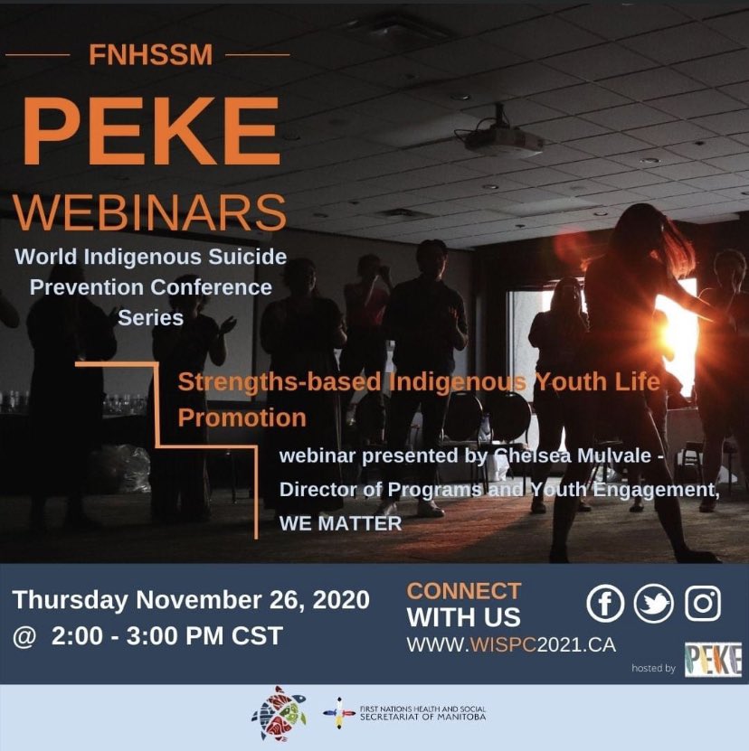 #WISPC Webinar Series
 Strength-based Indigenous Youth Life Promotion-Nov 26/20 from 2- 3 PM CST. With Chelsea Mulvale from We Matter. To join the webinar, click on the link below and follow the prompts. attendee.gototraining.com/r/353989458876…