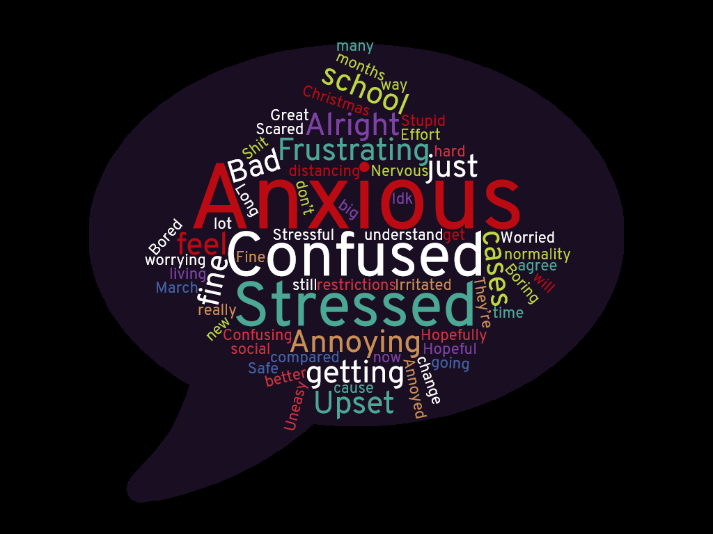 Thread 1/8 Bray Youth Service recently asked members about Covid (and other things). 64 young people replied. This word cloud is a summary of the responses to the Question, 'In one word, how do you feel about the pandemic/restrictions now?'   #COVID19ireland  #youthwork